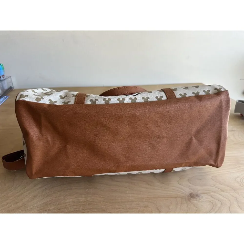 NWT Disney Mickey Mouse Weekender Duffel Travel Bag Faux Leather Carry On Beige